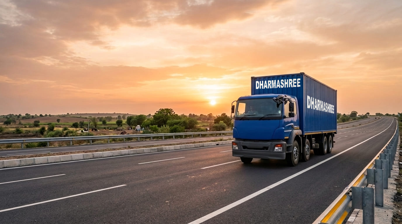 A cobalt-blue DharmaShree container truck, the name painted in white on its container, driving along a wide expressway at golden hour.