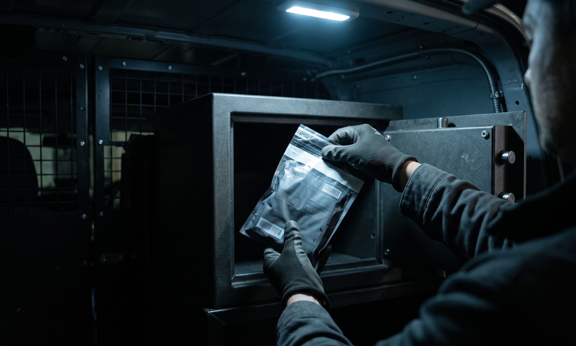 Gloved hands placing a small sealed courier pouch into a steel lockbox inside a dimly lit secure vehicle.