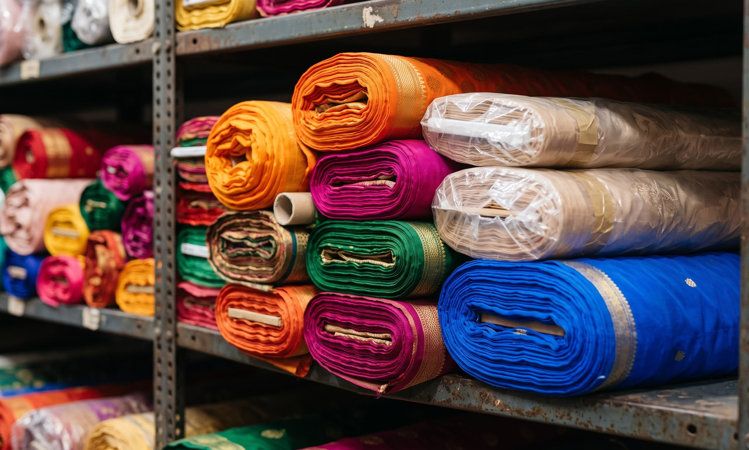 Rolls of bright saree and dress fabric in saffron, magenta, emerald and blue, stacked on a warehouse shelf, some wrapped in clear plastic.