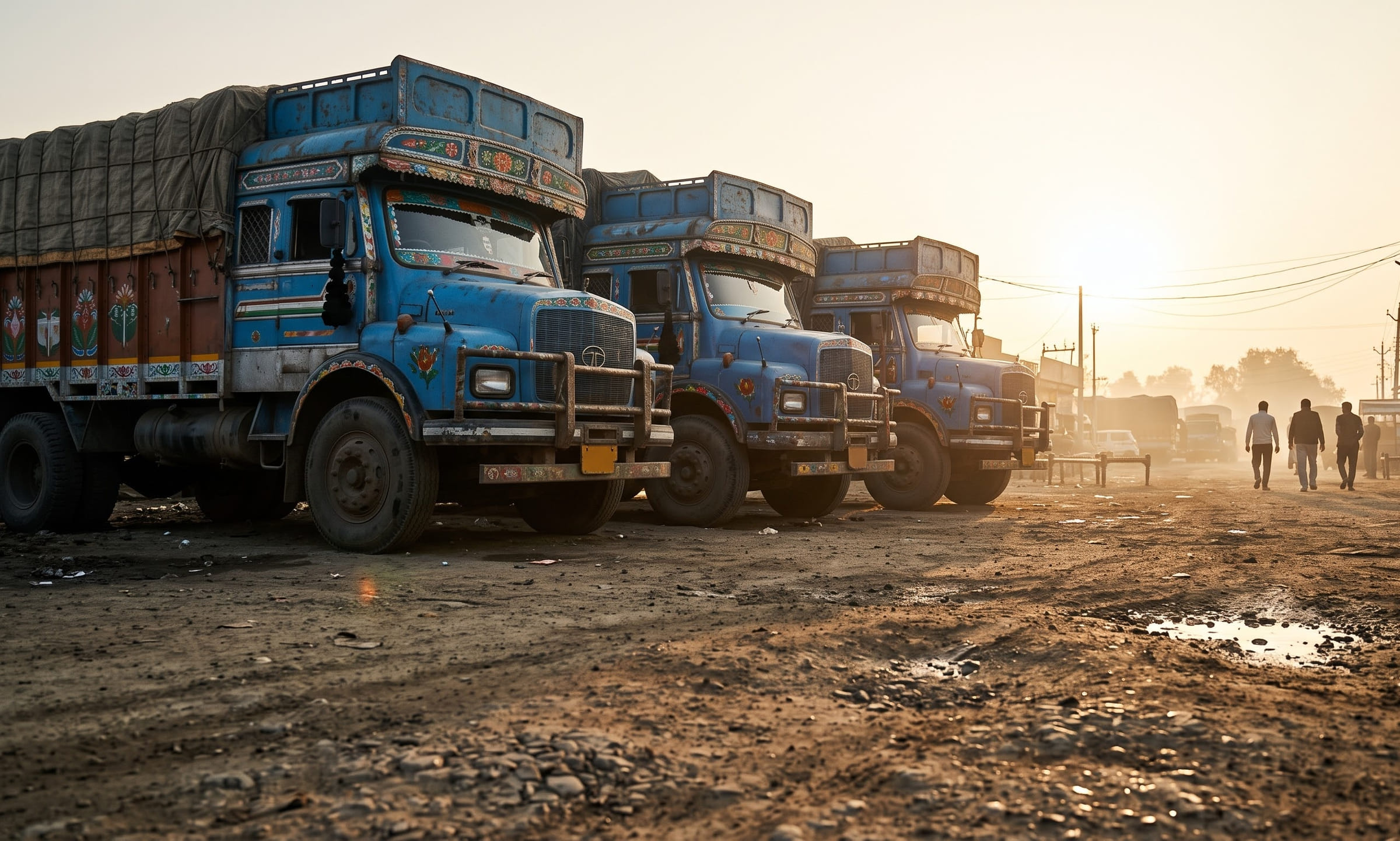 Three blue trucks parked side by side at a highway truck stop at sunrise, with drivers walking away in the distance.