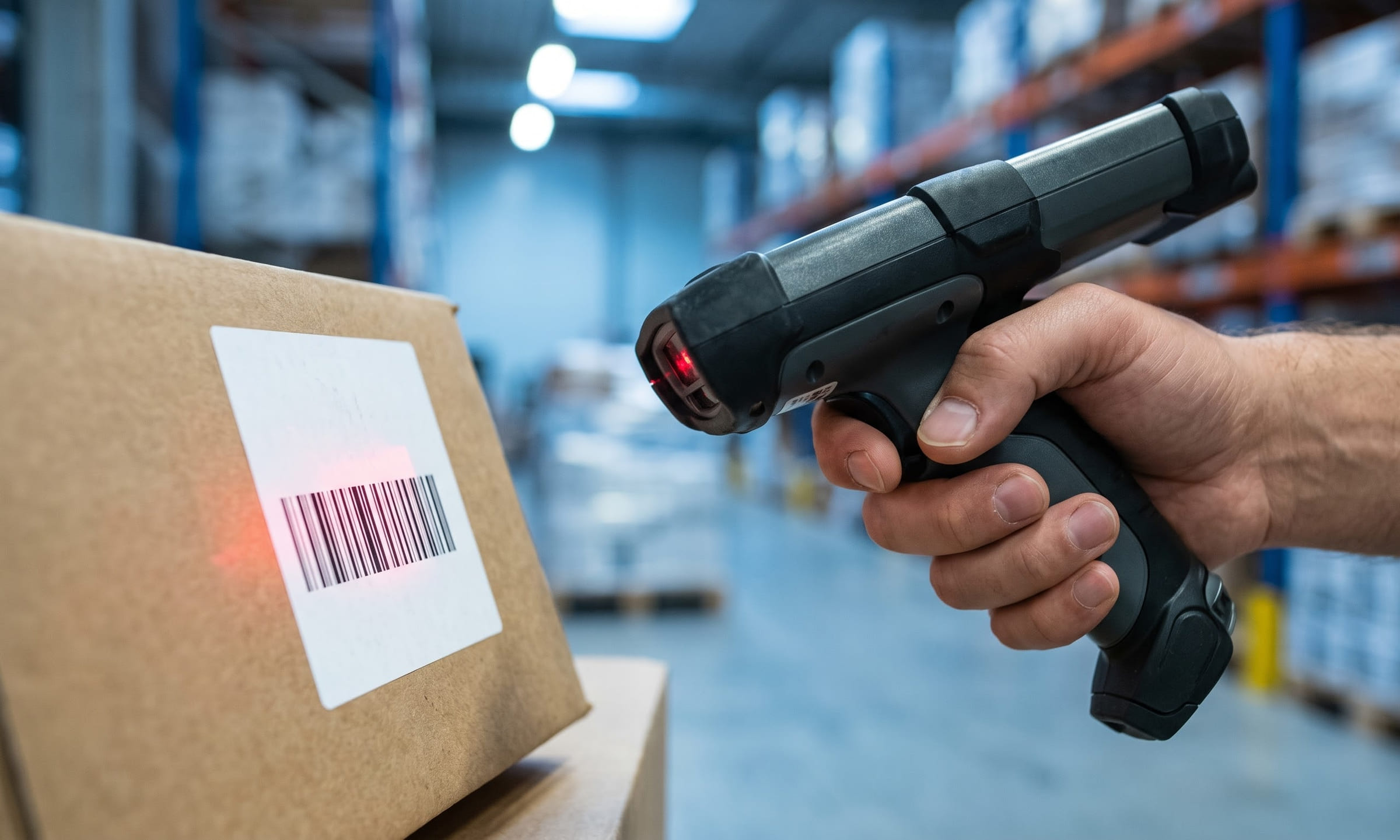 A hand scanning the barcode on a blank parcel label with a handheld scanner, in front of a blurred blue warehouse.