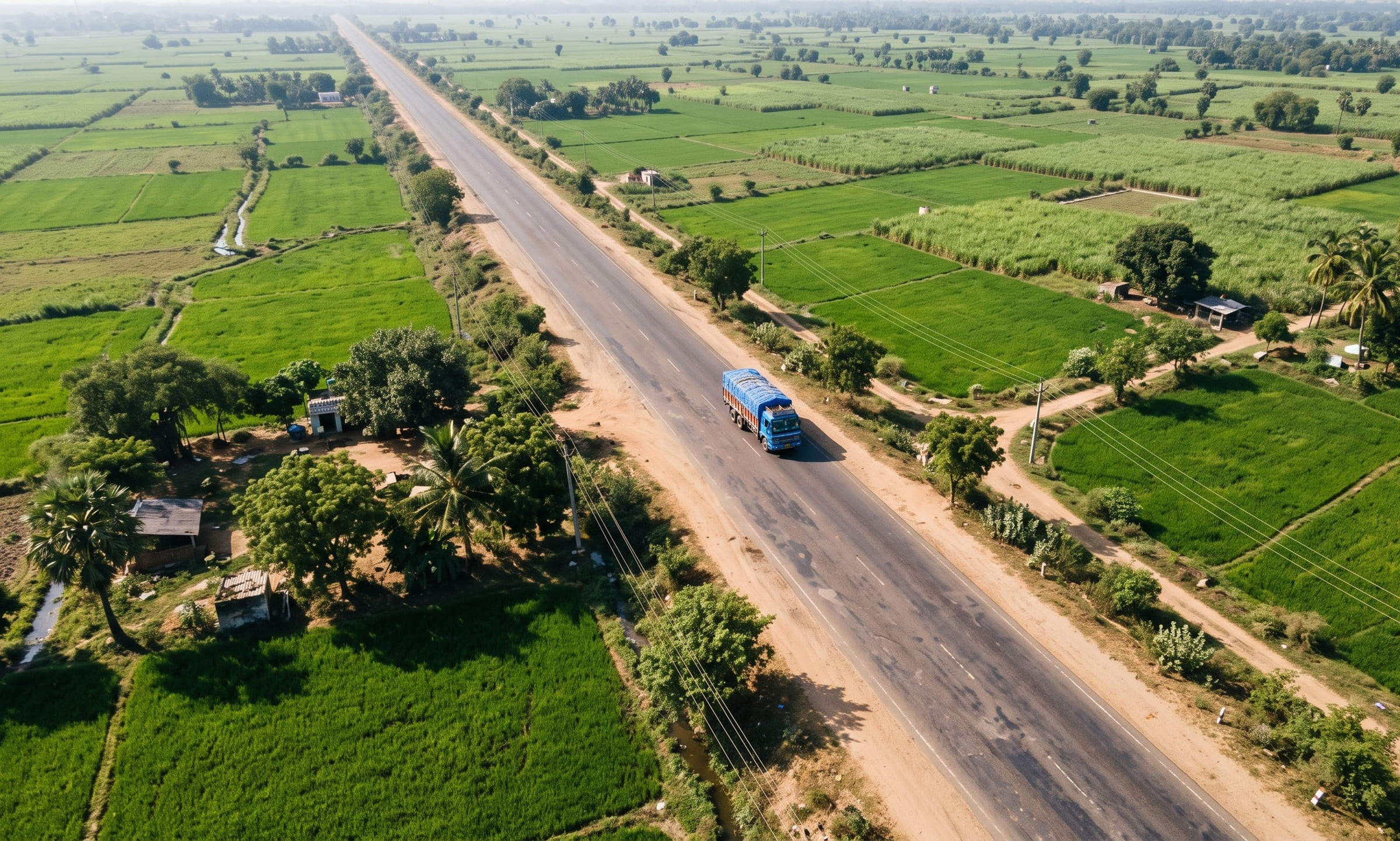 An aerial view of a blue truck on a long straight highway running diagonally through green fields.