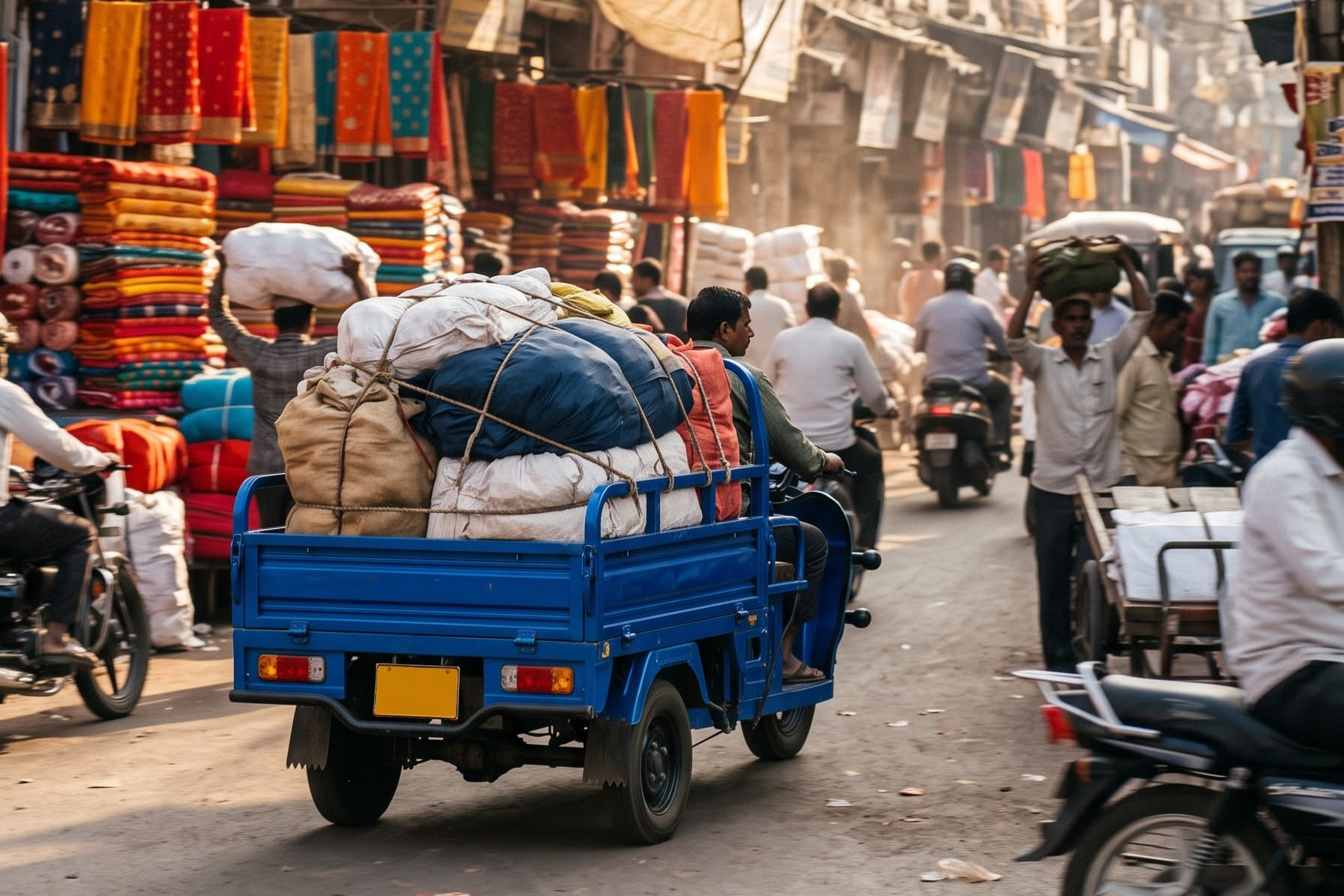 A compact blue electric cargo three-wheeler moving through a busy textile market street, past shops stacked with fabric rolls.